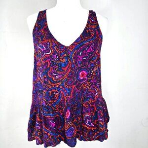 VTG Eight Sixty Purple Blue V Neck Paisley Floral Sleeveless Peplum Babydoll Top